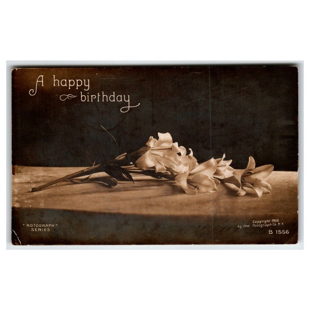 Vintage RPPC 1906 Happy Birthday Lilies Rotograph Postcard Philadelphia 1907